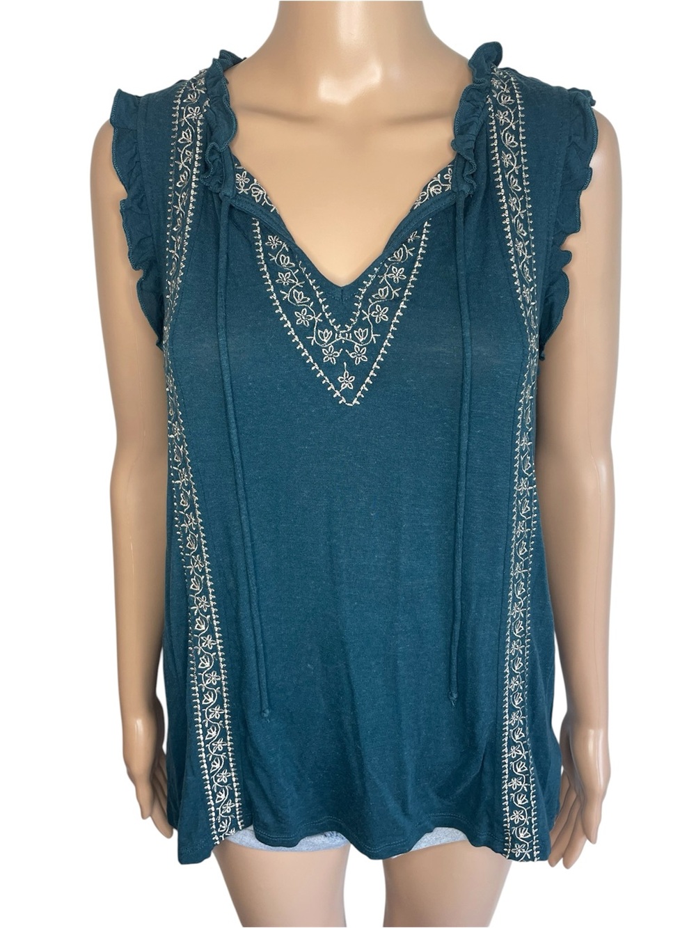 Time & Tru Teal and White Embroidered Ruffle Sleeve Boho Tasseled Tank Top